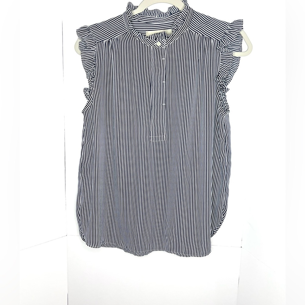 Loft Navy/White striped ruffle blouse, XL Petite